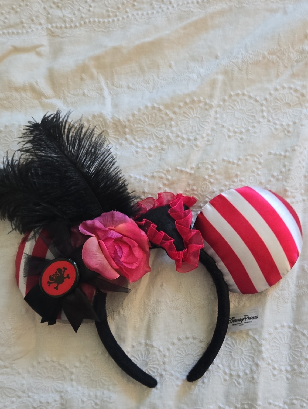 Disney Pink & Black Pirate Minnie Ears Headband with Feather and Rose